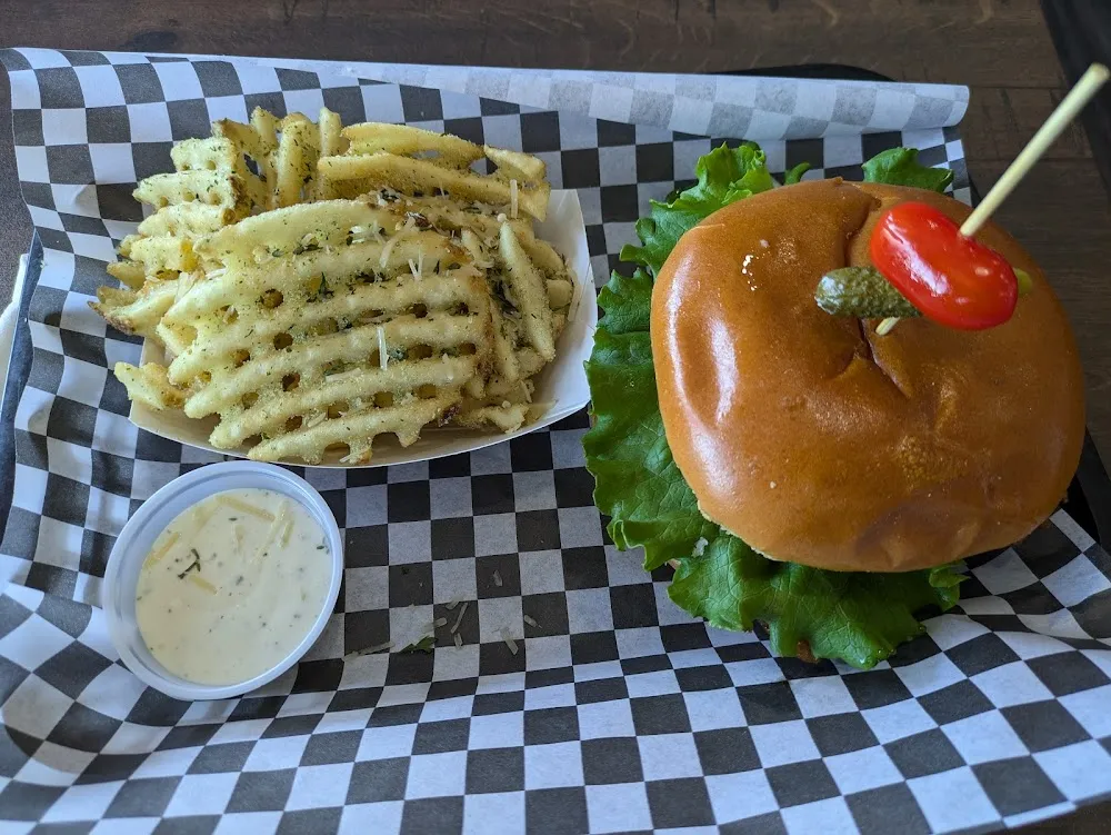 Arkansas BBQ Bologna Burger with Sweet Potato Waffle Fries